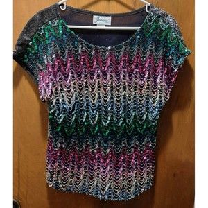 Vintage JOANNA Black Silver METALLIC Pink Blue Green Sequin Disco Size Large Top